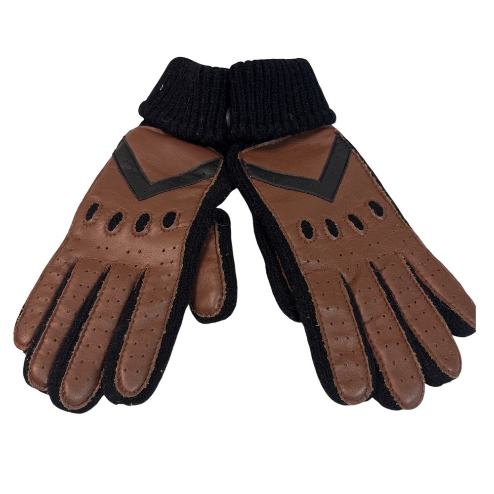 Vintage Aris Knit Gloves Brown Leather Accent V Chevron‎ Perforated Ladies